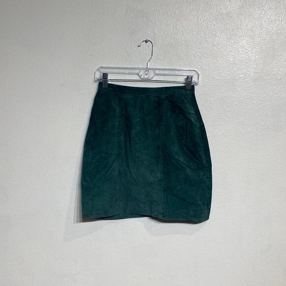 Global Identity Green Suede Leather Vintage Mini Skirt Sz 13/14 - Picture 1 of 10
